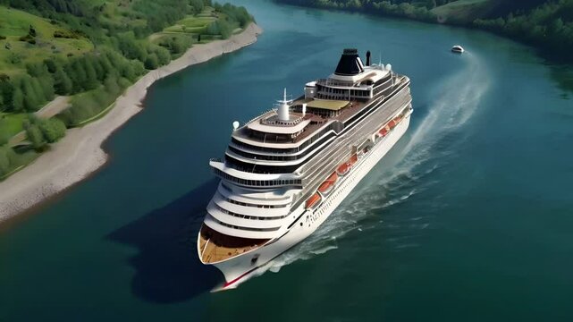 A large luxury cruise ship sails on a large river amidst the mountains with an aerial view. Seamless 4K looping timelapse video animation background