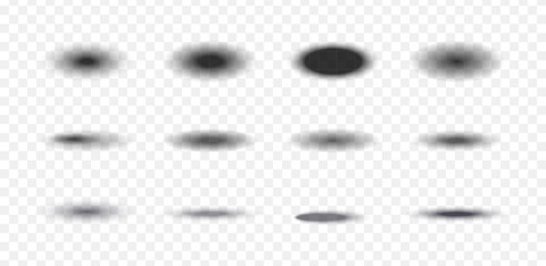 Oval drop shadows set. Transparent gradient ellipse shapes on horizontal surface.