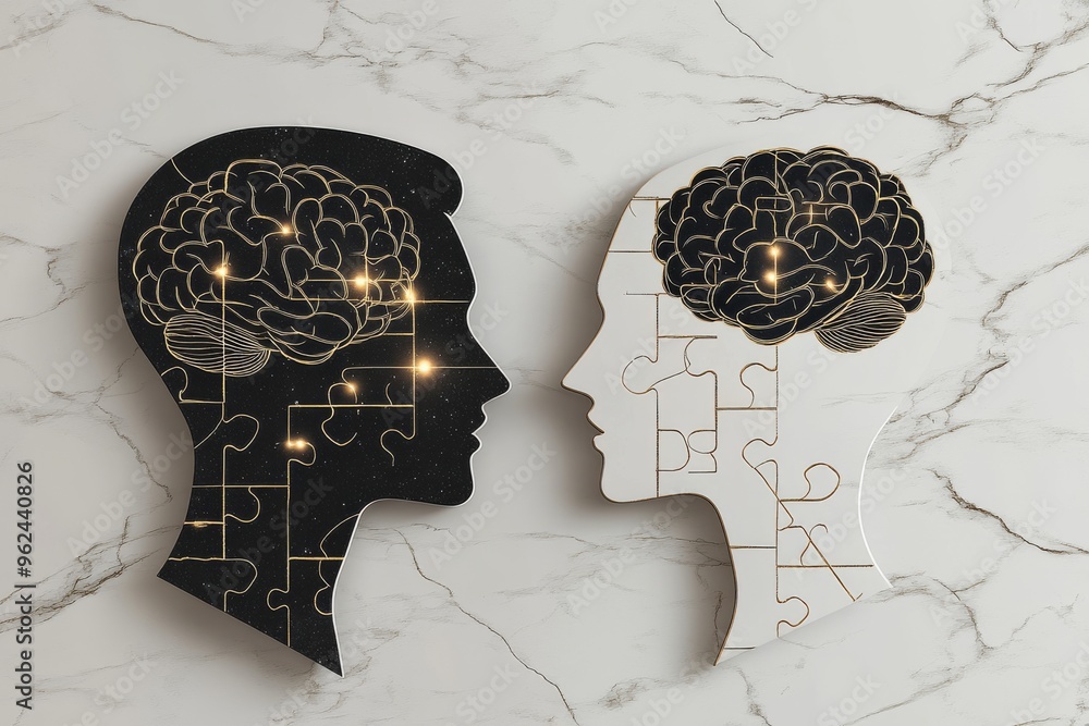 Poster cognitive processing brain lobe minimalist silhouette of human heads with puzzle pieces symbolizing 