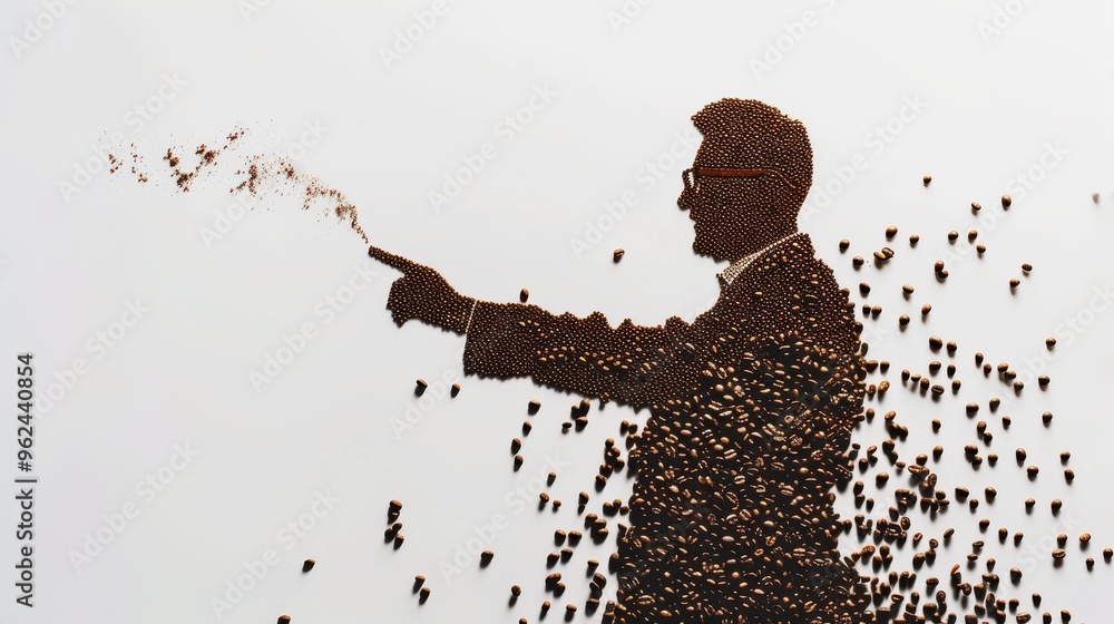 Poster artistic silhouette of a man made from coffee beans, creatively arranged to appear as though he is p