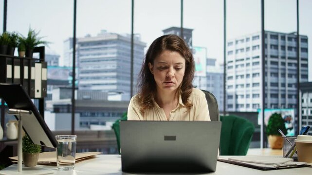 Woman entrepreneur uses her leadership skills to navigate challenges in the corporate world, emphasizing innovation, multitasking and strategic planning to achieve business success. Camera B.