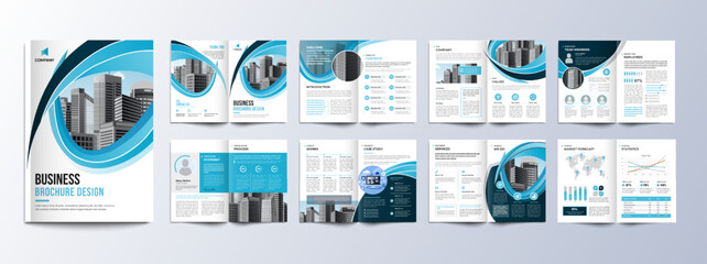 Multipage company profile business brochure design layout, Corporate brochure editable template with cover page, minimalist A4 16 pages brochure design with modern concept