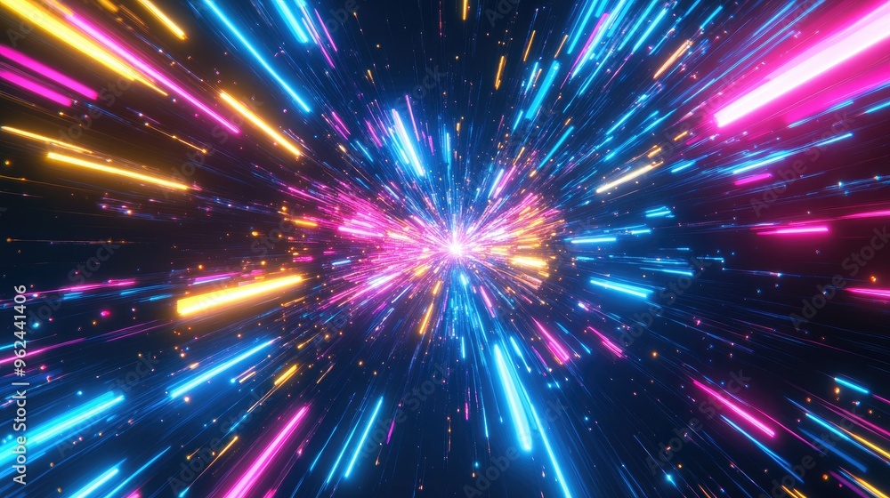 Poster abstract starburst of neon lights, dynamic lines mimicking the speed of light in the galaxy with blu