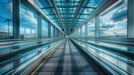 A modern airport walkway with glass walls and a clear sky, designed for passenger transit.