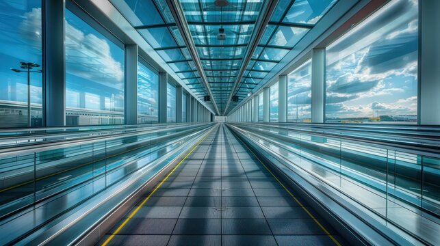 A modern airport walkway with glass walls and a clear sky, designed for passenger transit.