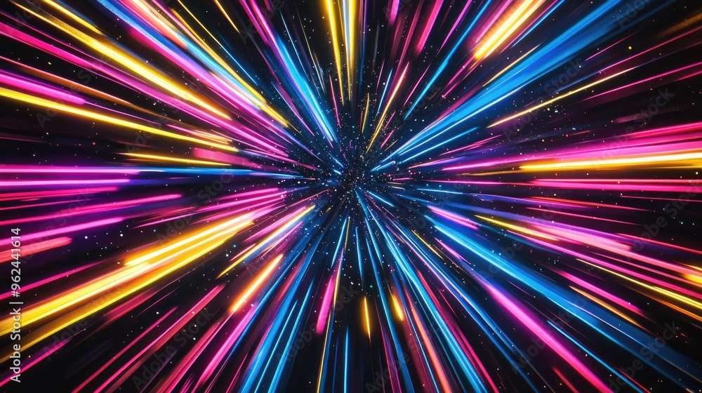 Poster beautiful neon light rays in starburst pattern, exploding in the universe with dynamic blue, pink, y