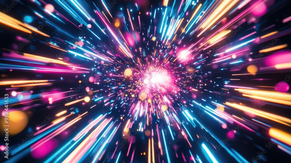 Poster beautiful neon light rays in starburst pattern, exploding in the universe with dynamic blue, pink, y