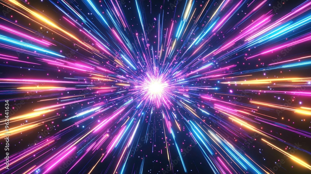 Aufkleber beautiful neon light rays in starburst pattern, exploding in the universe with dynamic blue, pink, y
