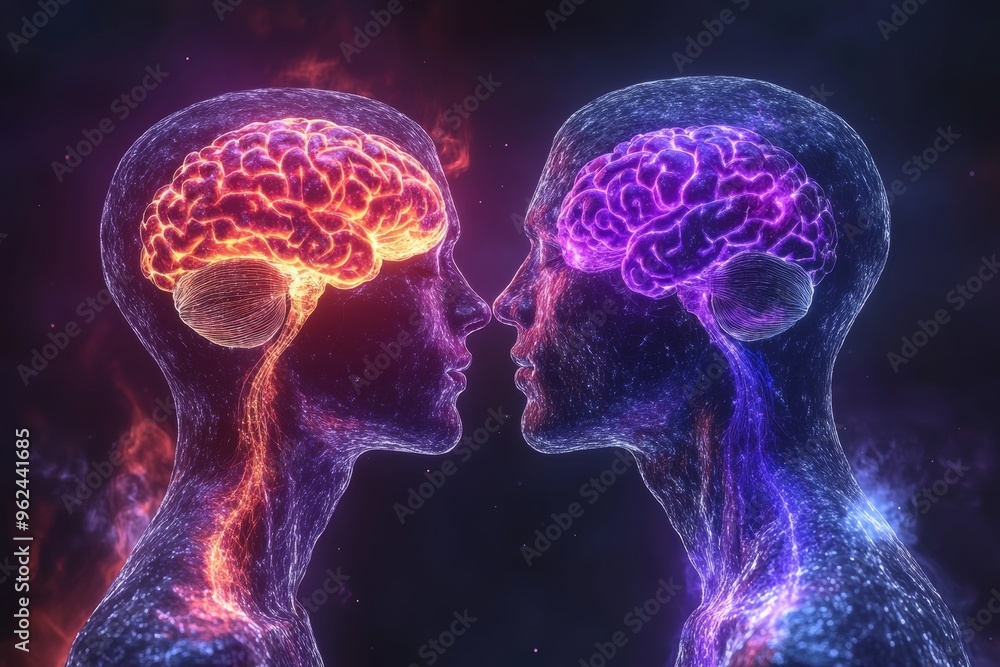 Poster cerebral activity brain lobe futuristic illustration of two glowing brain like figures facing each o