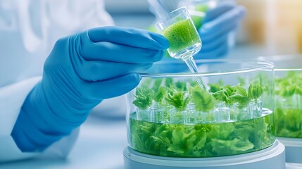 Scientist in Blue Gloves Adding Liquid to Plant Sample