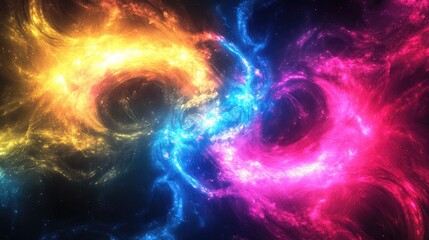 Obraz premium Beautiful swirling neon light rays in blue, pink, yellow, and purple, exploding through the galaxy with radiant energy on a dark backdrop