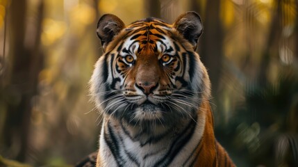 Obraz premium A close-up of a majestic tiger in a natural setting, showcasing its striking features and vibrant colors.