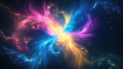 Naklejka premium Beautiful swirling neon light rays in blue, pink, yellow, and purple, exploding through the galaxy with radiant energy on a dark backdrop
