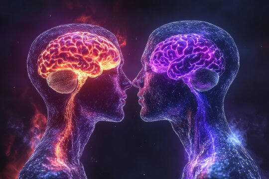 Cerebral activity Brain lobe Futuristic illustration of two glowing brain like figures facing each other representing mental synchronization and telepathic connection