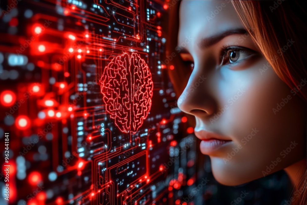 Poster cognitive dynamics brain lobe close up digital illustration of a woman with a glowing brain amidst r
