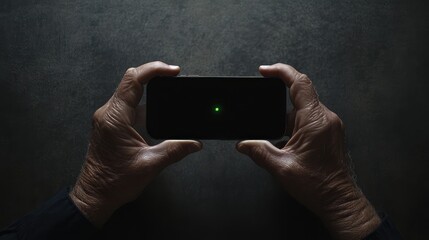Elderly Hands Holding a Smartphone with a Green Light