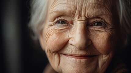 Closeup portrait of an elderly woman with wrinkles and a soft smile.