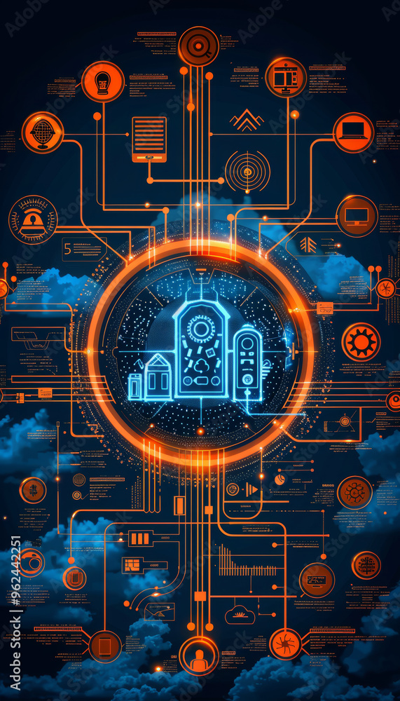 Poster a creative visual representation showcases interconnected technology and smart home systems, featuri