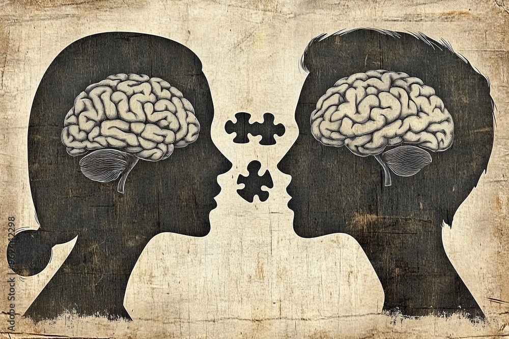 Poster brain brain lobe vintage anatomical illustration of two brains with puzzle pieces representing the c