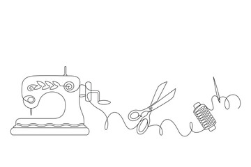 Concept of needlework, continuous drawing in one line in minimalism. Scissors, sewing machine, spool of thread, needle. Editable vector contour