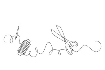 Concept of needlework, continuous drawing in one line in minimalism. Scissors, spool of thread, needle. Editable vector contour