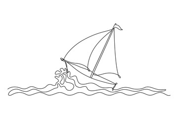 Sailboat, continuous drawing in one line in minimalism. Yachting, sailing concept. Editable vector outline