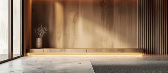 Interior Room With Concrete Floor And Wall In Brown With An Electrical Contact In The Wall And Wooden Skirting