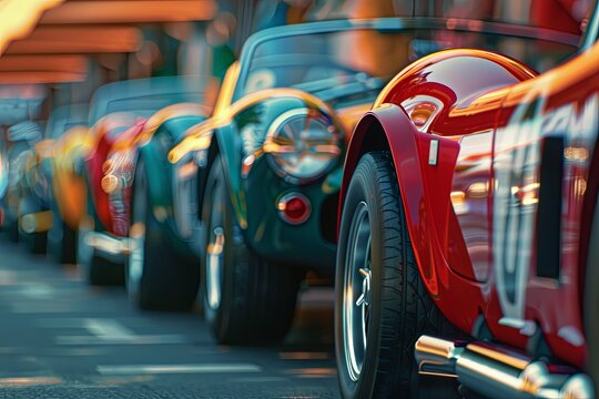 Fototapeta Classic sports cars lined up during a vibrant car show on a sunny afternoon at a local exhibition area. Generative AI