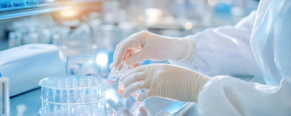 Poster scientist in lab working with test tubes and samples