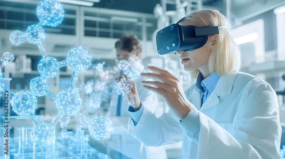 Poster scientist in vr headset exploring molecular structure