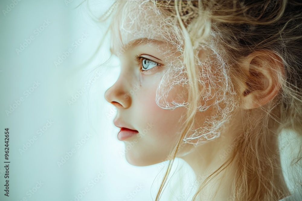 Poster neural capability brain lobe innocent child portrait with glowing neural connections symbolizing ear