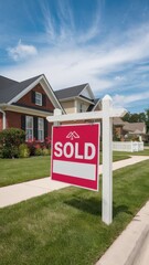 Sold Sign Gleams Brightly Under a Blue Sky in a Charming Neighborhood. Generative AI