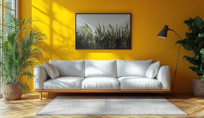 Living Room Interior Design with White Sofa and Yellow Walls