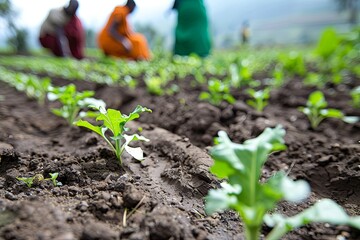 Farmers tending to young vegetable plants in a lush green field during a sunny afternoon in a rural area. Generative AI