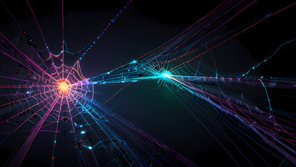 Obraz premium Abstract illustration of a spider web with neon threads stretching in various directions