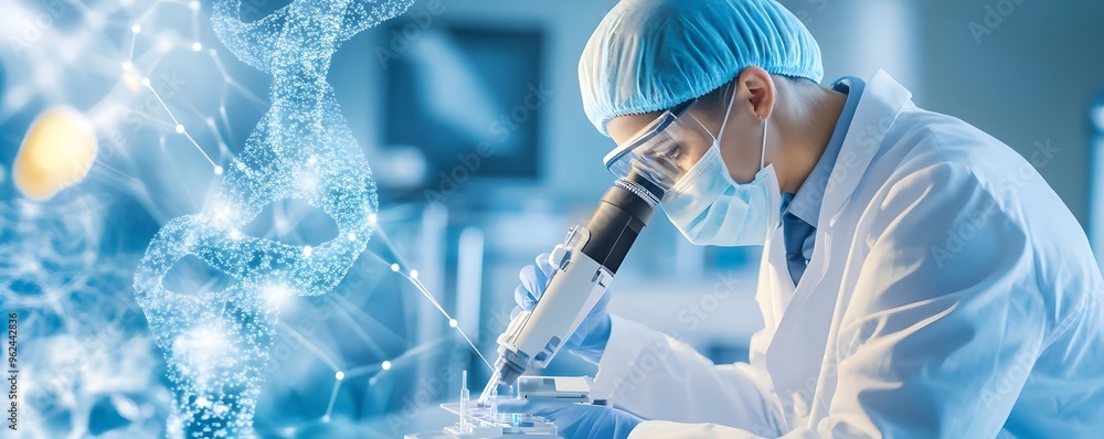 Poster scientist researching dna with microscope in lab