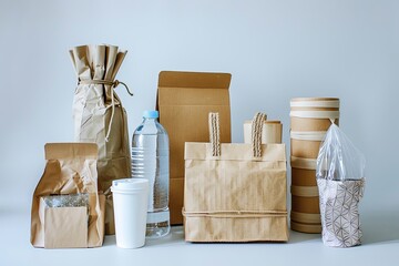 Various eco-friendly packaging materials displayed against a light background for sustainable product presentation. Generative AI
