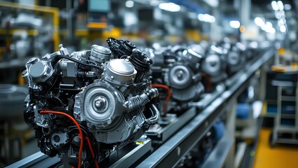 Fototapeta premium Advanced Automotive Engine Manufacturing on a Modern Assembly Line