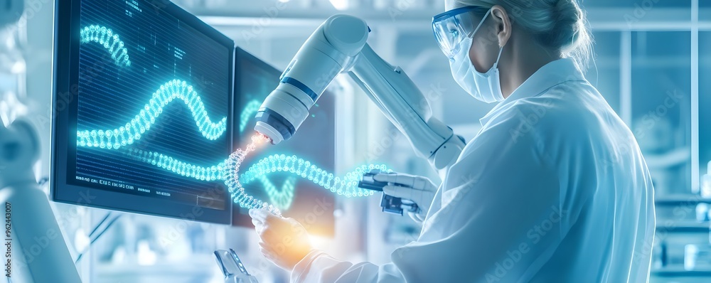 Poster scientist studying dna with robotic arm in lab