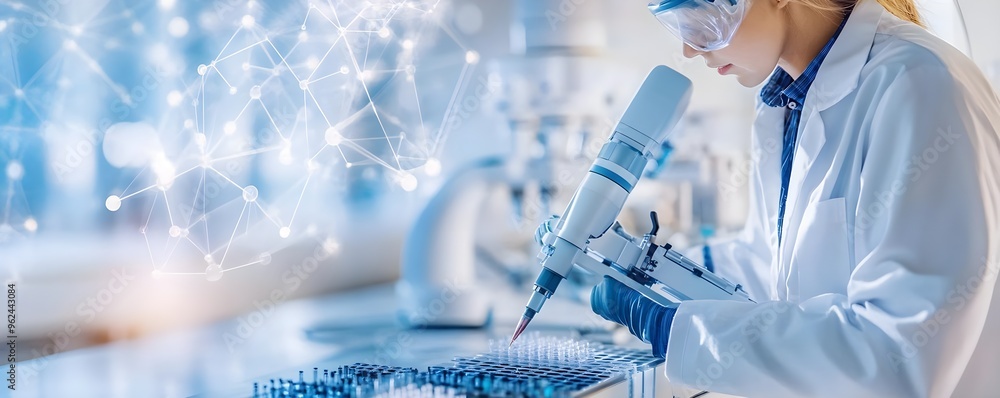 Poster scientist using automated pipette in lab, research, innovation