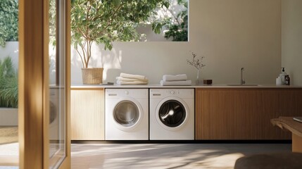 Smart Minimalist Laundry Space, sleek design meets advanced technology, optimizing efficiency and transforming the washing experience through digital innovation and simplicity