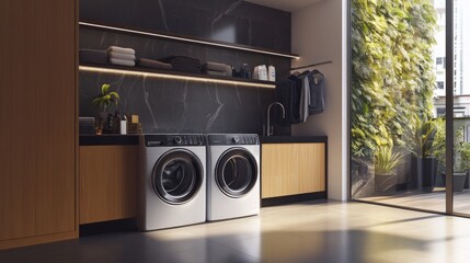 Smart Minimalist Laundry Space, a sleek environment featuring integrated technology for an upgraded washing experience, combining efficiency with modern design elements