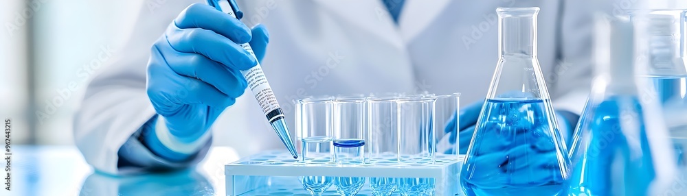 Poster scientist using pipette for lab experiment with blue liquid