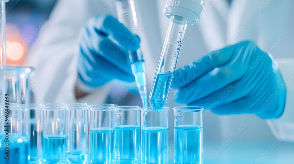 Poster scientist using pipette for liquid experiment in lab