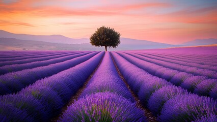 Obraz premium Enchanting Lavender Fields at Sunset: A Tranquil Escape into Nature's Beauty