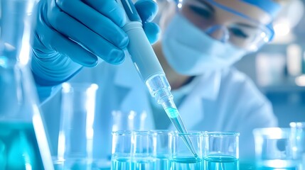 Scientist Using Pipette in Lab, Blue Liquid, Research