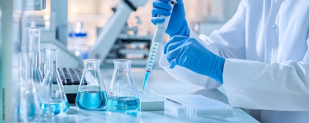 Wall mural scientist using pipette in lab with blue liquid