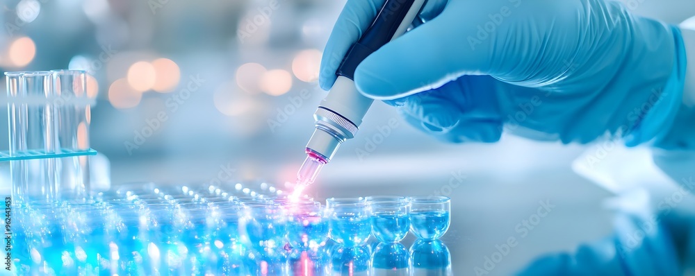 Poster scientist using pipette in lab with blue liquid samples