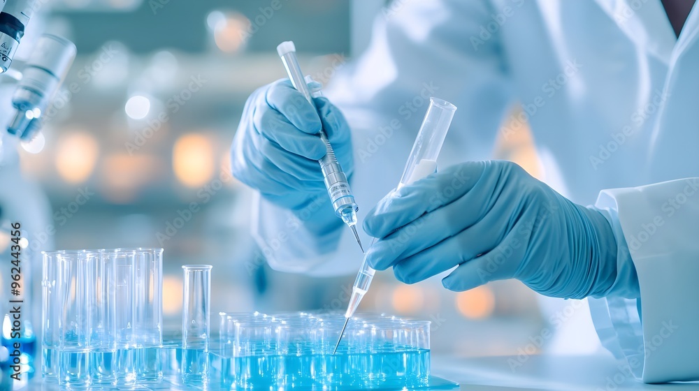 Poster scientist using pipette in lab with blue liquid samples