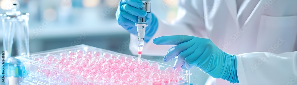 Poster scientist using pipette in lab with pink spheres